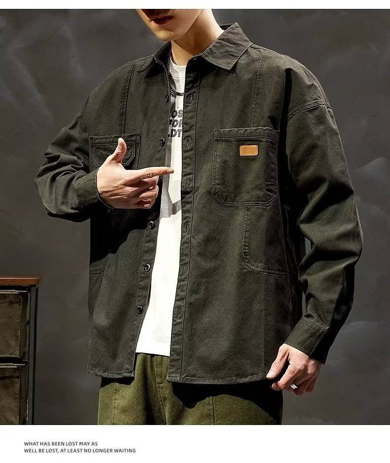 Camicia da lavoro vintage – Manica lunga oversize, tessuto elasticizzato, design multitasche, giacca casual robusta (M-5XL, capo essenziale per l'autunno)_voghion.com