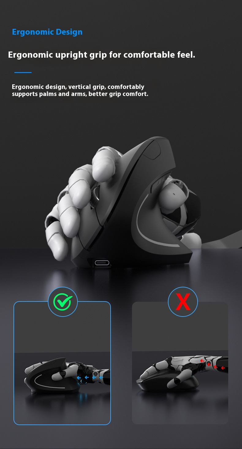 Ergonomic Vertical Wireless Mouse – Rechargeable 2.4G Silent Office Mouse With 6 Buttons, 1600DPI Adjustable (Black)_voghion.com