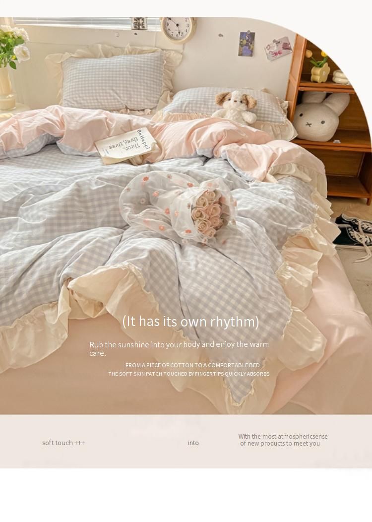 Set di biancheria da letto in stile principessa, morbido e traspirante, in cotone lavato con bordi in pizzo - Elegante design a scacchi con bordi arricciati_voghion.com
