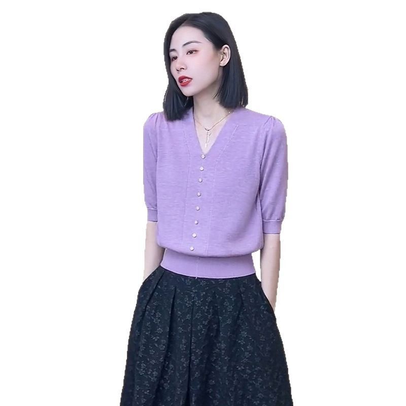 Maglione francese a maniche corte in seta ghiacciata per donna, estivo, nuovo design con bottoni in madreperla, di nicchia, ampio e aderente._voghion.com
