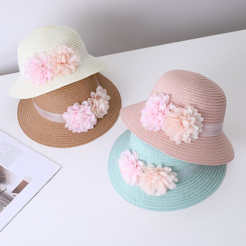 Cappello da spiaggia estivo per bambini, con paglia, per genitori e bambini, con protezione solare, con fiori carini, piccolo sacchetto fresco_voghion.com