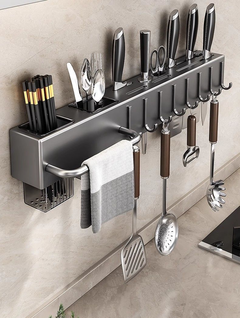 Suporte de armazenamento cinza Jibaiju Gun, organizador multifuncional para facas e hashis, sem furadeiras, para cozinha e uso doméstico_voghion.com