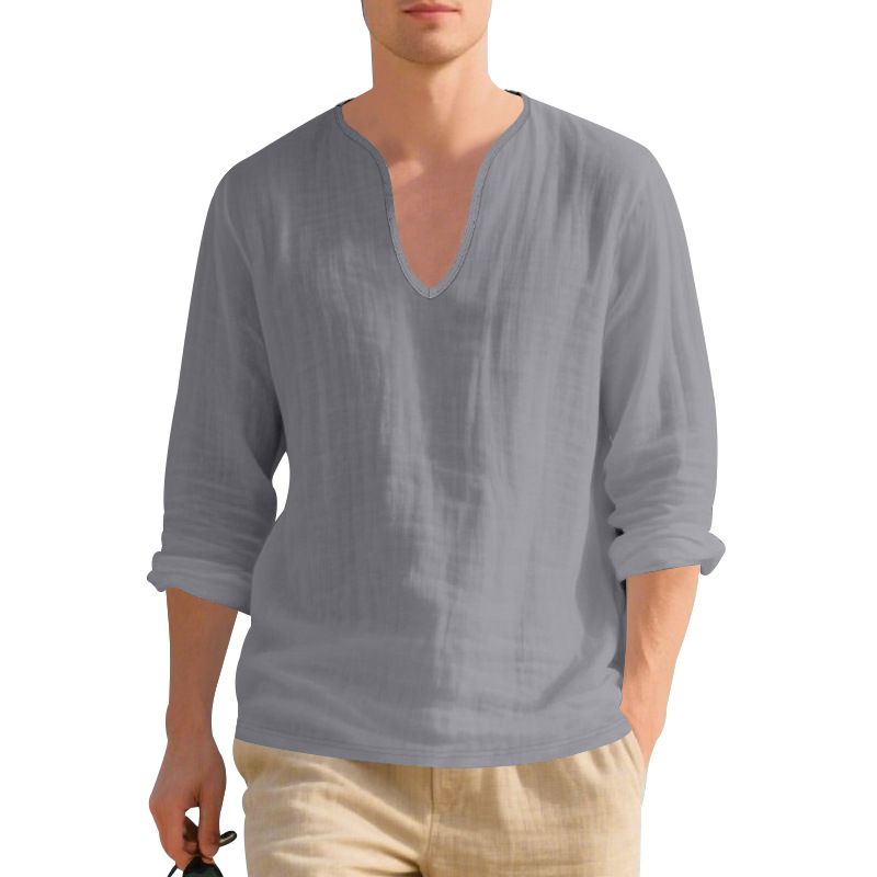 Maglietta a maniche lunghe da uomo in lino, casual, traspirante, con scollo a V, taglia grande, nuova collezione autunno-inverno_voghion.com