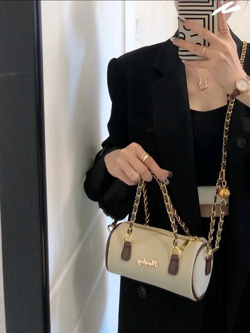 Damen-Beuteltasche, Vintage-Ketten-Zylindertasche, gefrostete Einkaufstasche, hochwertige, weiche Umhängetasche für Damen_voghion.com