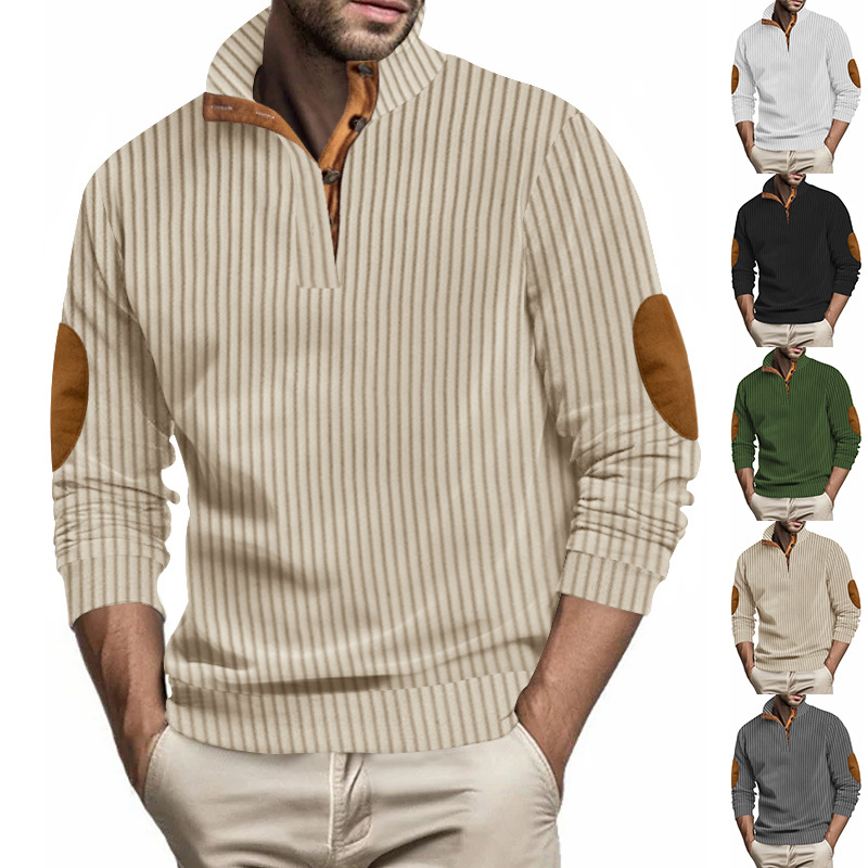 Polo décontracté à rayures verticales et col montant pour homme, nouveau style printemps-automne 2024_voghion.com