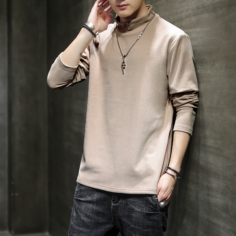 2023 Nuovi Uomini di Autunno/Inverno Edizione Coreana Alla Moda Del Coniglio in Pile Mezza Collo Alto di Colore Solido a Maniche Lunghe T-shirt_voghion.com