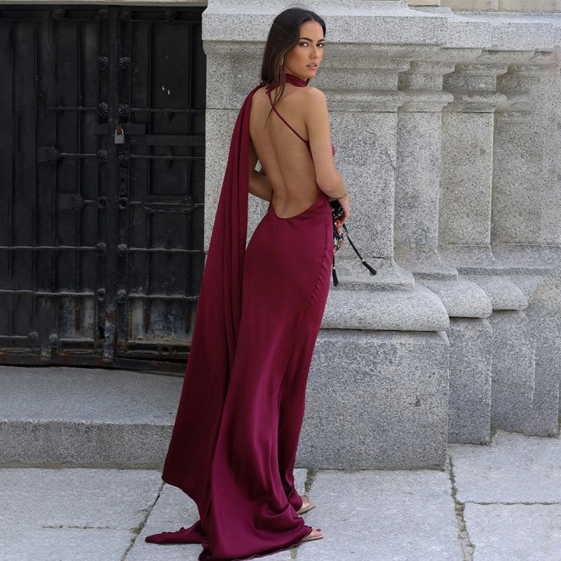 Trendy Open-Back Maxi Dress With Flowing Sash – Sexy High-Waist Bodycon Dress (Rose/White/Blue/Yellow/Black/Burgundy/Brown/Khaki/Purple/Red/Teal)_voghion.com