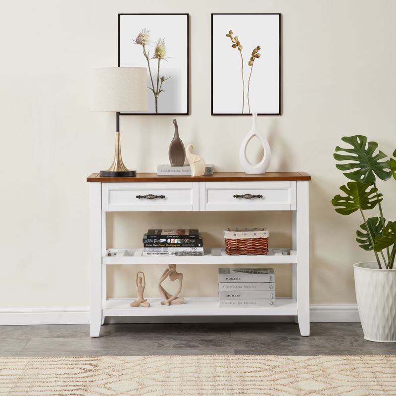 Retro Design Console Table With Two Open Shelves, Pine Solid Wood Frame And Legs For Living Room_voghion.com