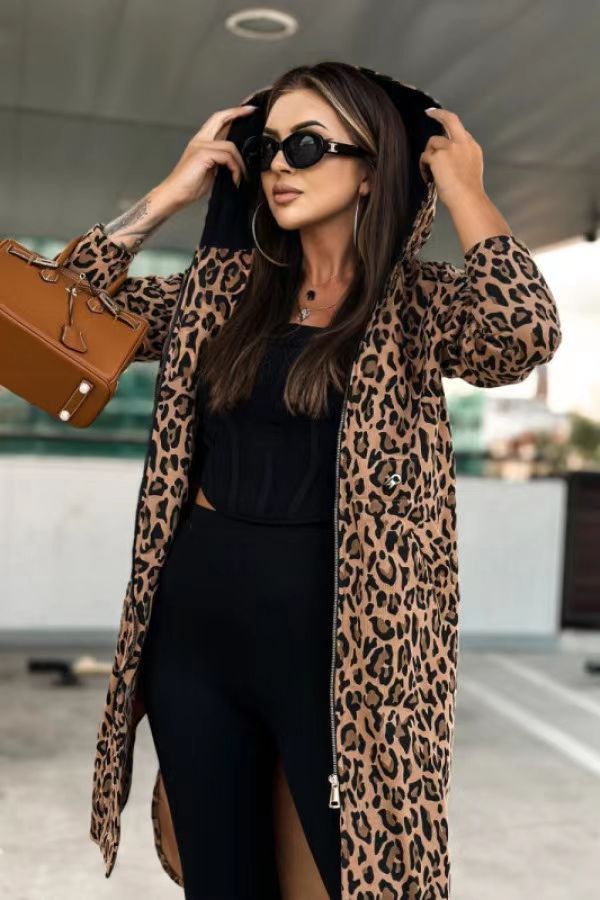 Abbigliamento da donna Autunno e inverno Giacca stampata con cappuccio a maniche lunghe Giacca a vento casual a vita media_voghion.com