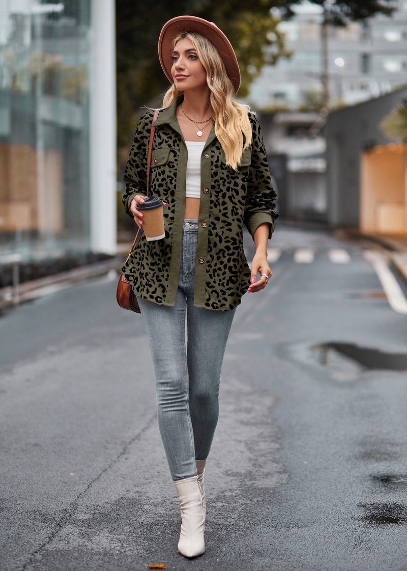 Damenbekleidung Leopardenmuster Knopf Langarm Jacke Hemd Mantel_voghion.com