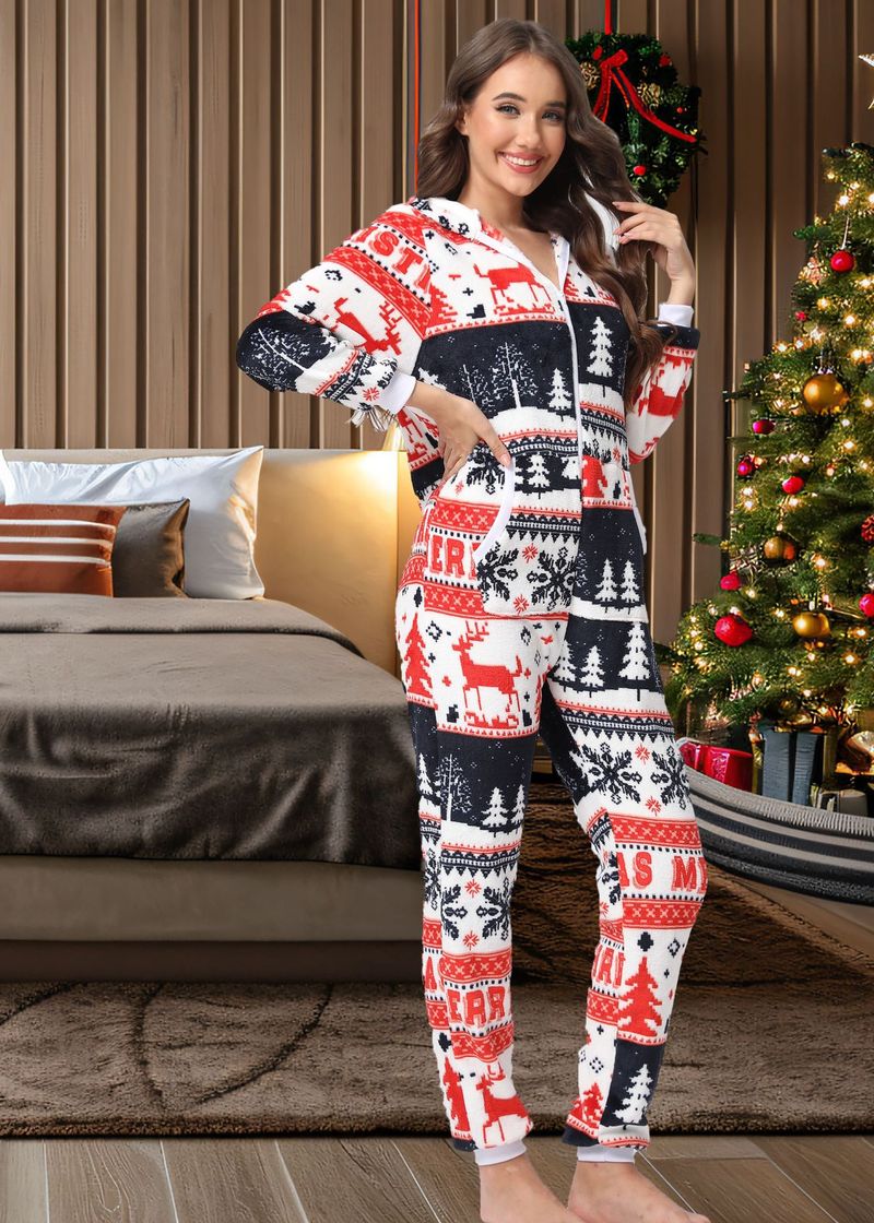 women's Christmas deer snowflake flannel hooded jumpsuit pajamas home clothes_voghion.com