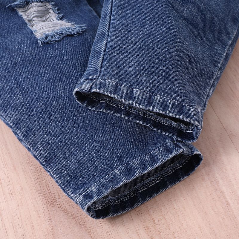 Kinder Kleidung Für Mädchen Herbst Und Winter Pit Streifen Einfarbig Langarm Jumper Zerrissene Denim Hosen Zwei-stück set_voghion.com