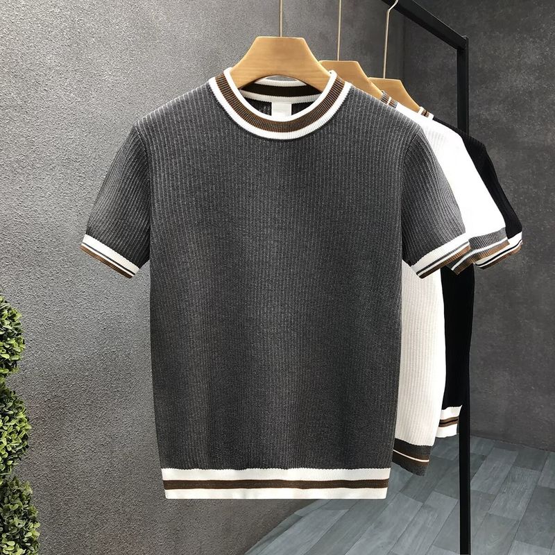 Herrenbekleidung Sommer Bequemes, kühles und atmungsaktives, stark gedrehtes Jacquard-Textur-Strick-T-Shirt in Kontrastfarbe_voghion.com