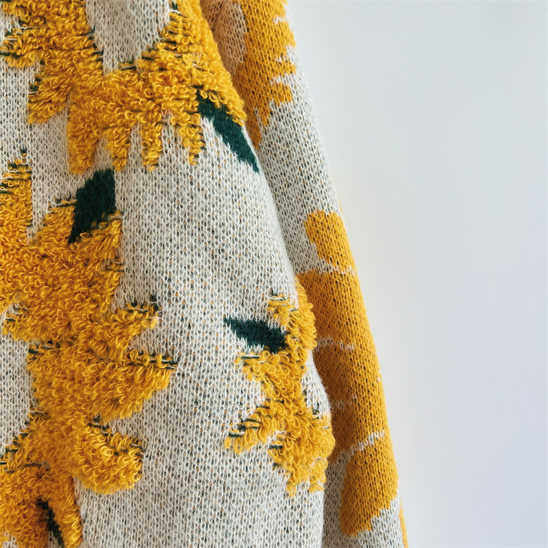 Neue Herbst- und Winteroberteile, Sonnenblumen-Jacquard-Rundhalsausschnitt, langärmeliger Strickpullover_voghion.com