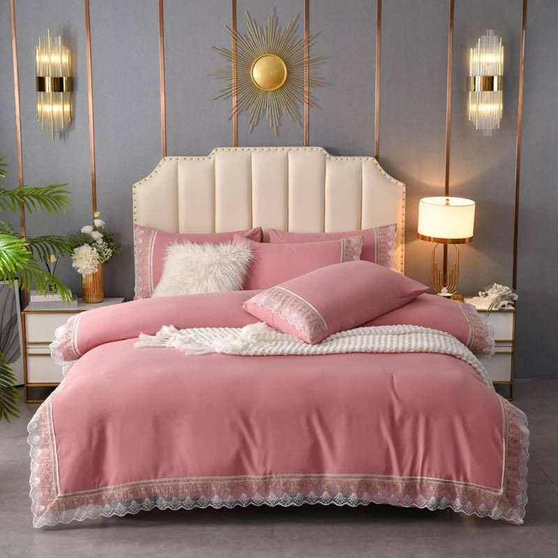 Set di biancheria da letto con pizzo, copripiumino in cotone spazzolato lavato, tinta unita, federe, 3/4 pezzi, stile hotel di lusso_voghion.com