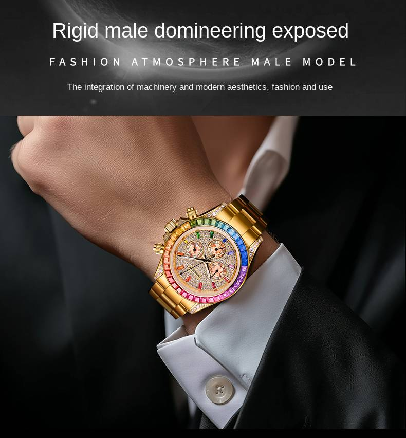 ROERDUM Daytona Rainbow Collection – Goldfarbenes Armband, mehrfarbiges Zifferblatt mit Farbverlauf, hochwertige automatische mechanische Herrenuhr_voghion.com