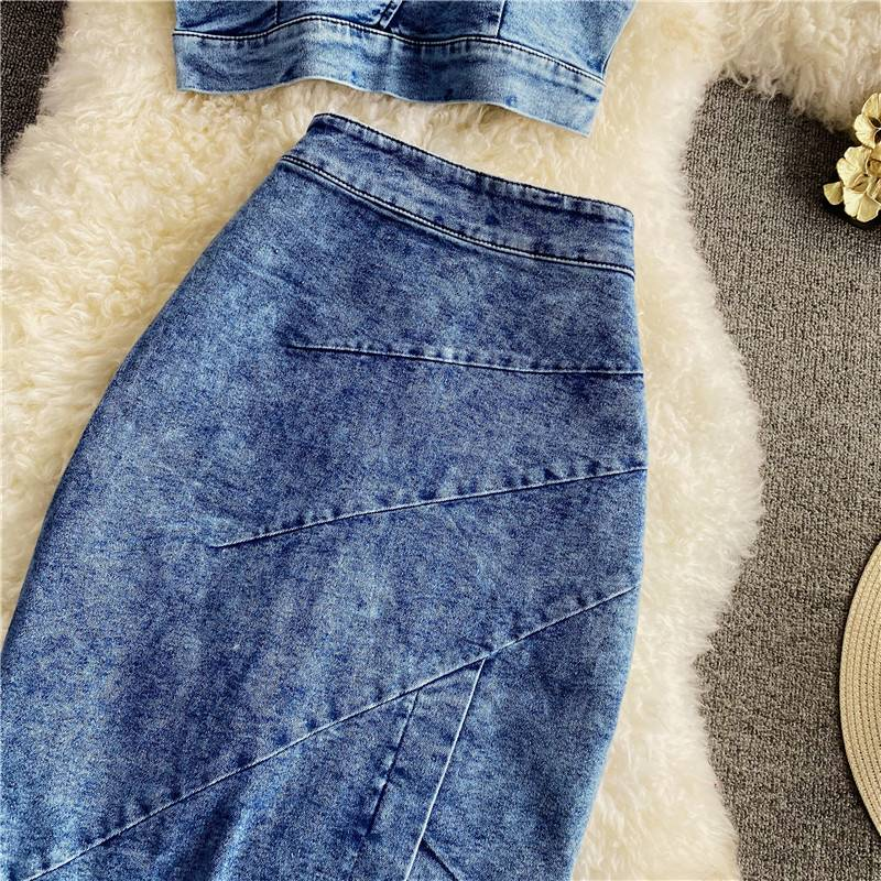 Roupas femininas novas Slim Fit zíper curto Denim camisola duas peças terno irregular fenda quadril saia_voghion.com