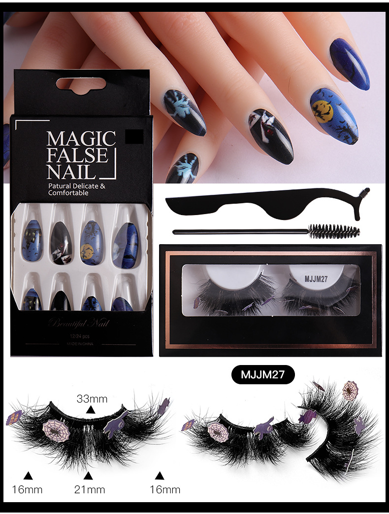 European And American Halloween Mink Faux Lashes & Nail Tips Combo Set With Application Tools_voghion.com