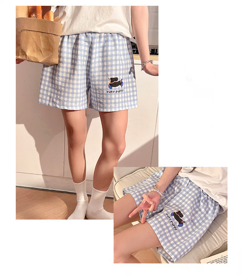 Summer Plaid Simple Pajama Pants Women's Summer Cloud Cotton Thin Beach Shorts Casual Home Pants--L_voghion.com