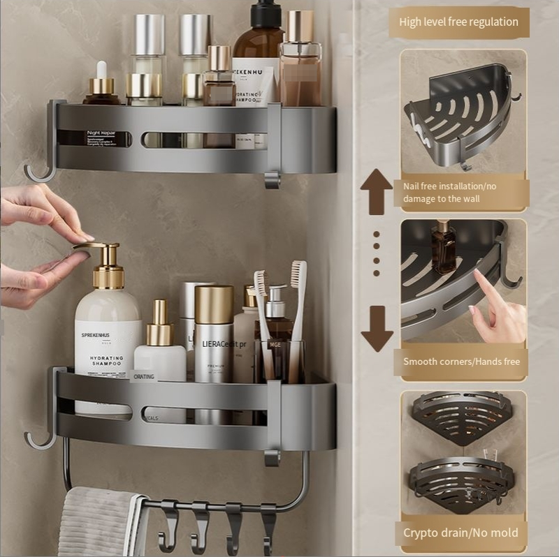 Estante de almacenamiento para baño, inodoro sin perforaciones, lavabo, estante de almacenamiento triangular montado en la pared_voghion.com
