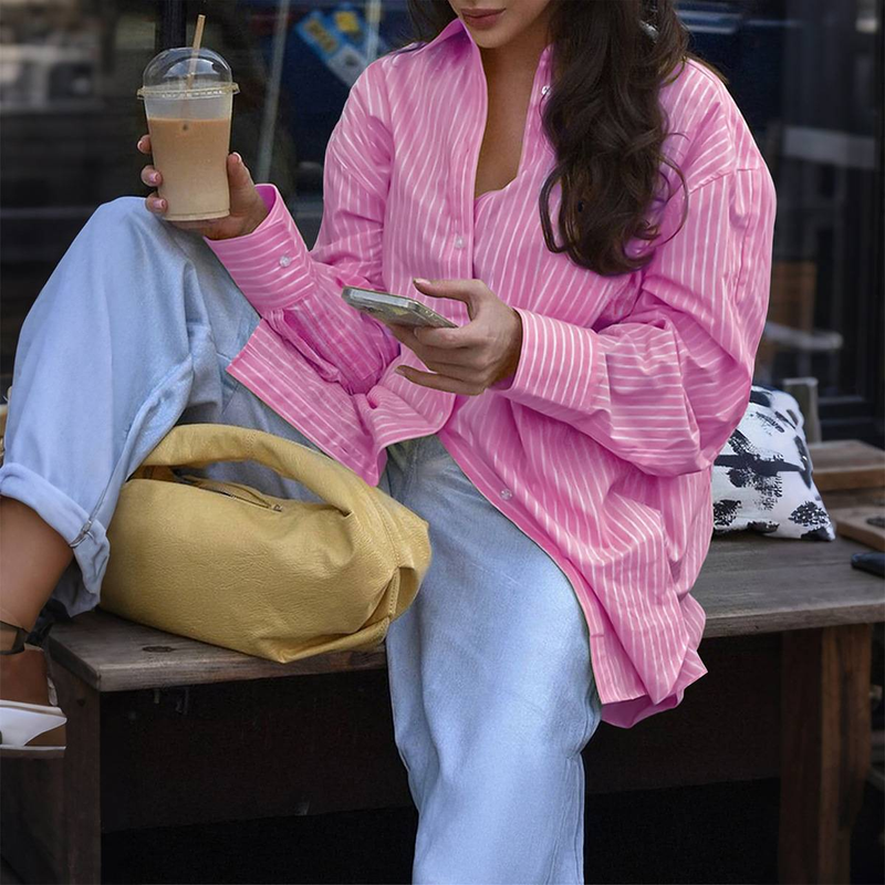 Camicia a maniche lunghe con bottoni da donna – Top casual in poliestere a righe | Antipiega e traspirante per viaggi e uso quotidiano_voghion.com