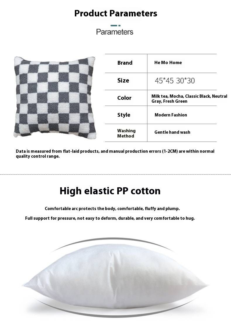 Checkered Plush Pillow Cover – Soft Polyester Car & Sofa Cushion Case (45x45cm/30x50cm, Geometric Print, Modern Minimalist Style, No Insert)_voghion.com