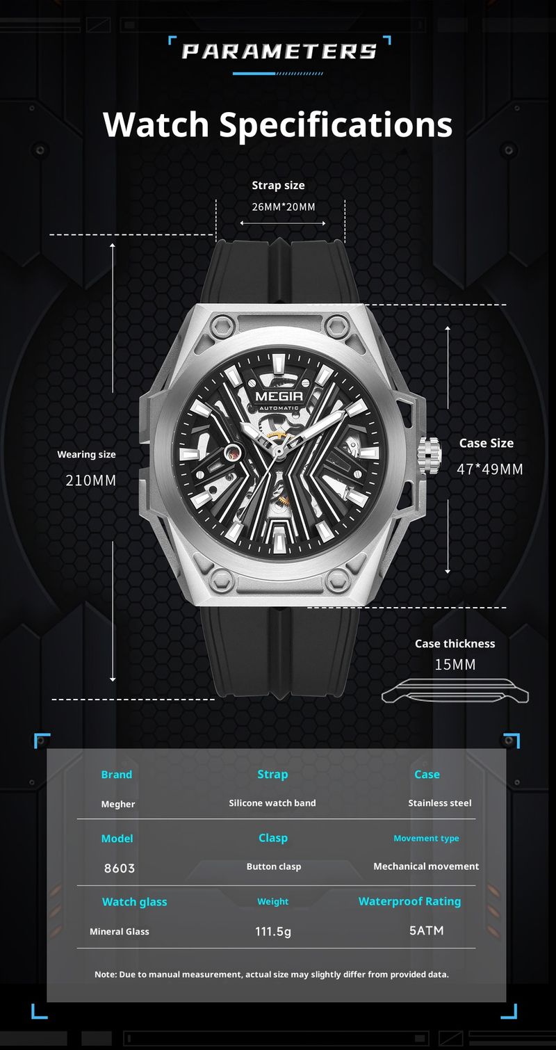 Orologio sportivo luminoso automatico scheletrato da uomo MEGIR - Cassa in acciaio inossidabile 316, cinturino in silicone, impermeabile, visibilità diurna e notturna_voghion.com