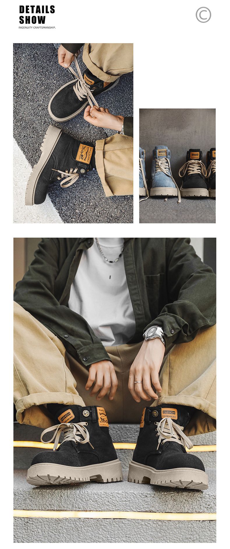 Men's Chunky Sole Cowboy Denim Ankle Boots - Retro Work Boots With Mid-Calf Height & Lace-Up Design For Casual & Streetwear_voghion.com