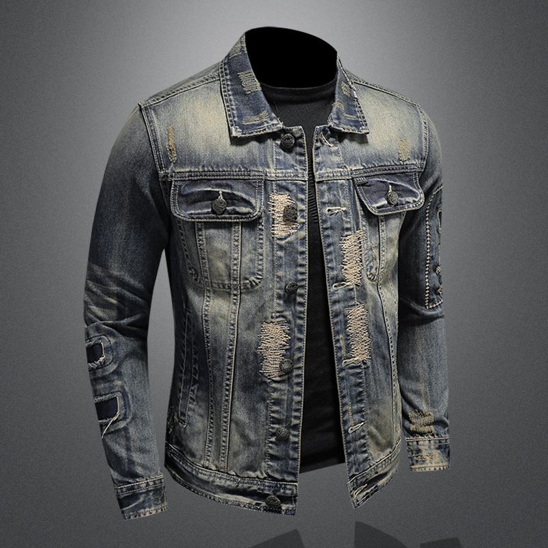 Herrenkleidung Frühling Heavy Torn Patch Herren Jeansjacke Top Schwarzer Mantel_voghion.com