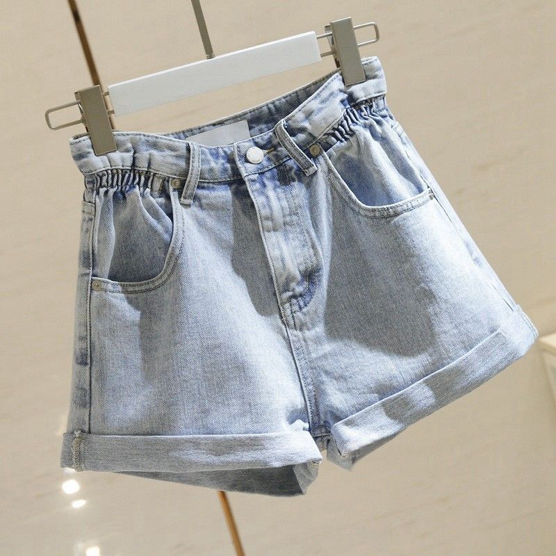 Pantaloncini in denim a vita alta estivi 2024 da donna, con bordo arricciato, modello a trapezio, aderenti e versatili, larghi e larghi_voghion.com