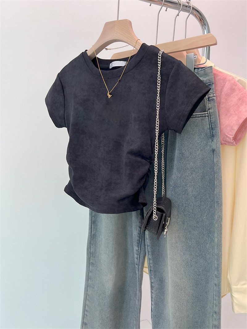 T-shirt court en coton tie-dye uni, style coréen, coupe ajustée, couleur unie froissée, pour femme, collection commerce extérieur._voghion.com