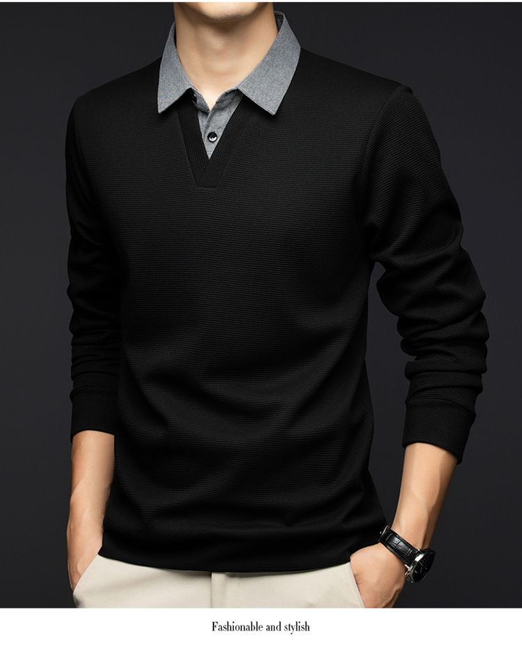 Shirt-Collar Waffle Knit Tee – Layering Essential For Men (Black, Khaki, Heather Grey)_voghion.com