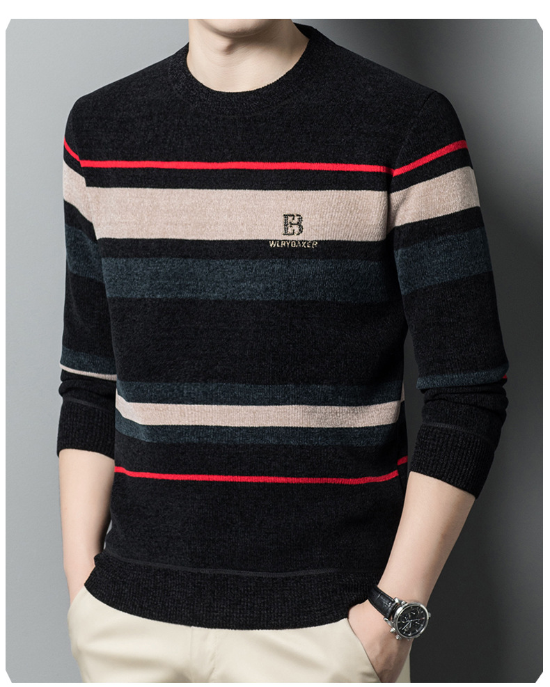 Pull en chenille épais et pelucheux pour hommes, coréen, décontracté, col rond, ample, rayé, tricot, chemise inférieure, hiver_voghion.com