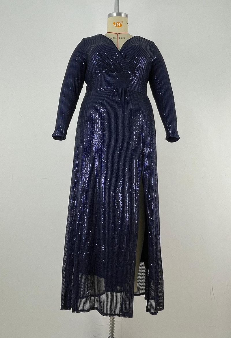 Elegant Plus Size Evening Gown With Sequins - V-Neck Long Sleeve Formal Dress For Wedding, Banquet & Special Occasions (Blue/Black/Wine Red, 0XL-5XL)_voghion.com