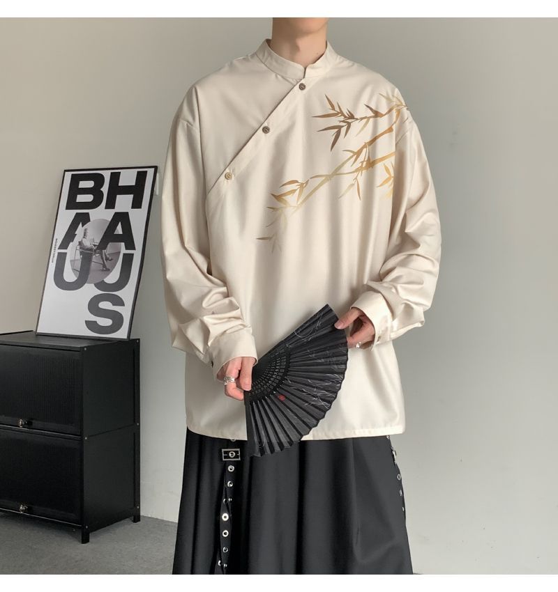 gradient slanted placket long sleeved shirt for men in autumn, niche new Chinese style shirt, plus size Zhongshan top_voghion.com