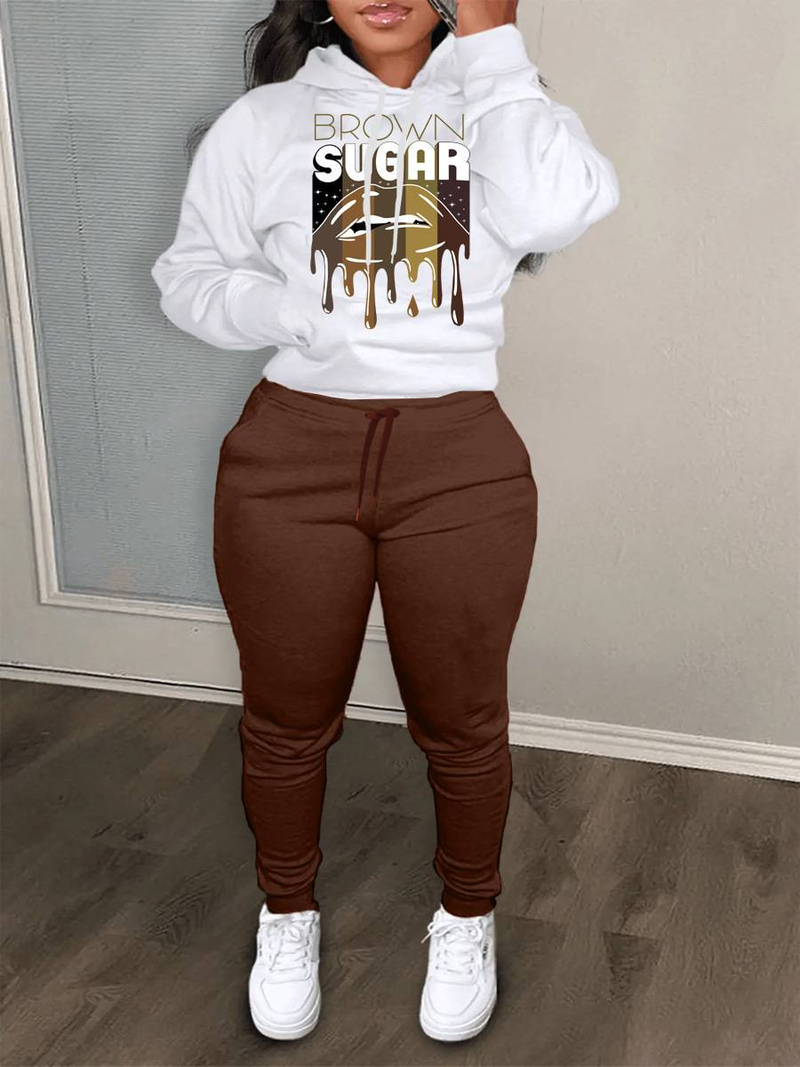 Plus Size Lips Letter Print Kangaroo Pocket Tracksuit Autumn Winter Long Sleeve Hoodies & Drawstings Pants Set For Women_voghion.com