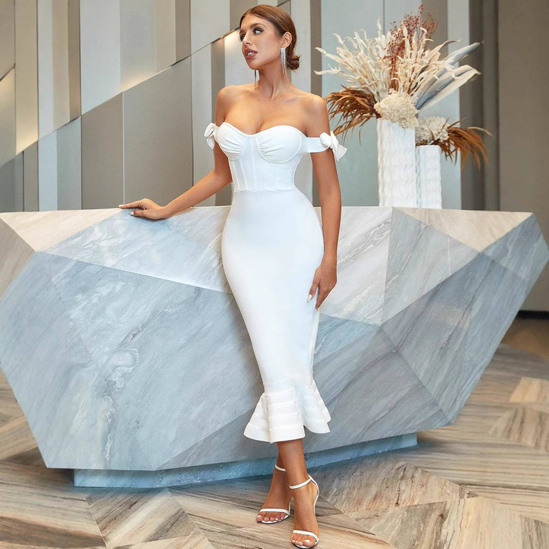 Elegante abito a sirena con spalle scoperte e fasciatura - Abito da sera formale in poliestere elasticizzato per donna, abito da festa con corsetto su misura attillato_voghion.com
