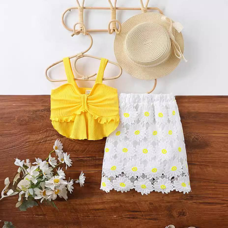 Ensemble 2 pièces robe et haut sans manches en coton imprimé tournesol pour fille – Tenue élégante et stylée pour les tout-petits (4 à 7 ans)_voghion.com