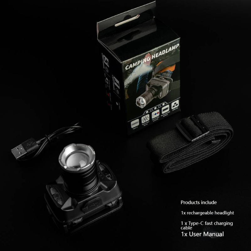 Rechargeable LED Headlamp With Adjustable Focus, 50-200m Beam Distance, 3-12H Runtime, Waterproof For Outdoor Fishing, Mining, Camping_voghion.com
