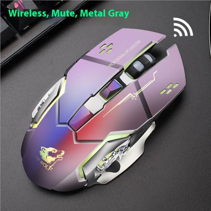 Mouse sem fio para jogos X8 com iluminação RGB, 2400 DPI, 6 botões, design ergonômico para PC/laptop - compatível com Mac e Windows (preto/branco/cinza)_voghion.com