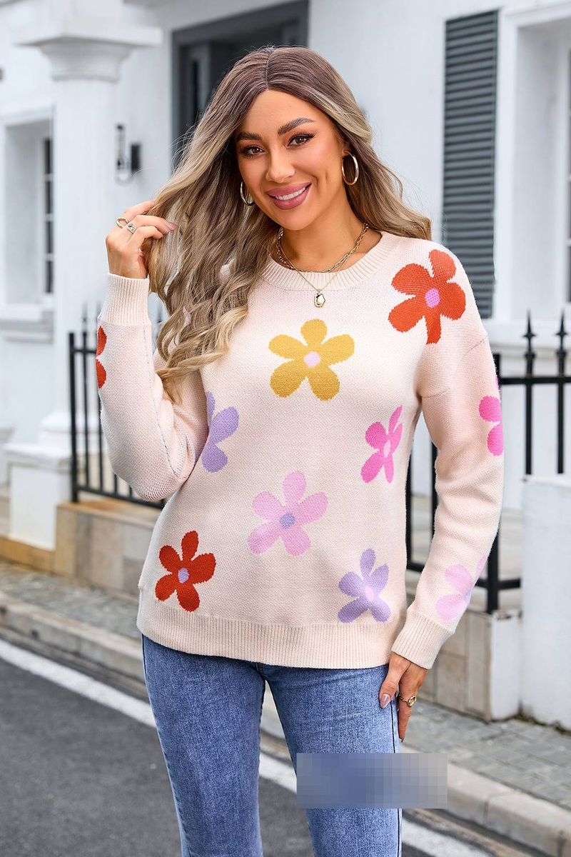 Damenbekleidung Übergroßer Strickpullover mit Blumendruck für Damen – Trendiger Pullover mit lockerer Passform und Kontrastdetails_voghion.com