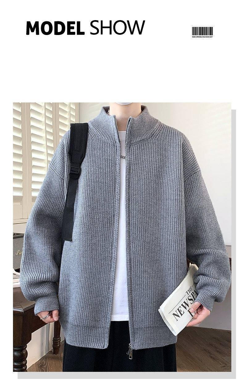 Herrenbekleidung Herren-Strickjacke mit Stehkragen – Minimalistischer Pullover mit offener Vorderseite (Off-White/Grau/Schwarz, M-4XL)_voghion.com