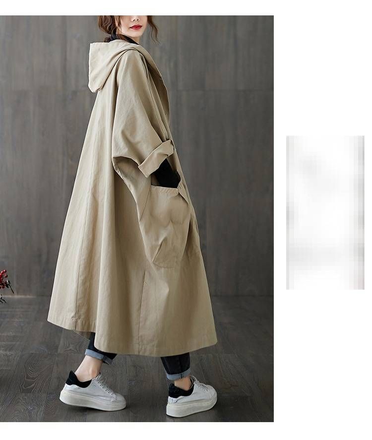 Elegant Oversized Hooded Trench Coat For Women – Long Knee-Length Design With Large Pockets, Casual & Office Wear, Available In 5 Classic Colors_voghion.com