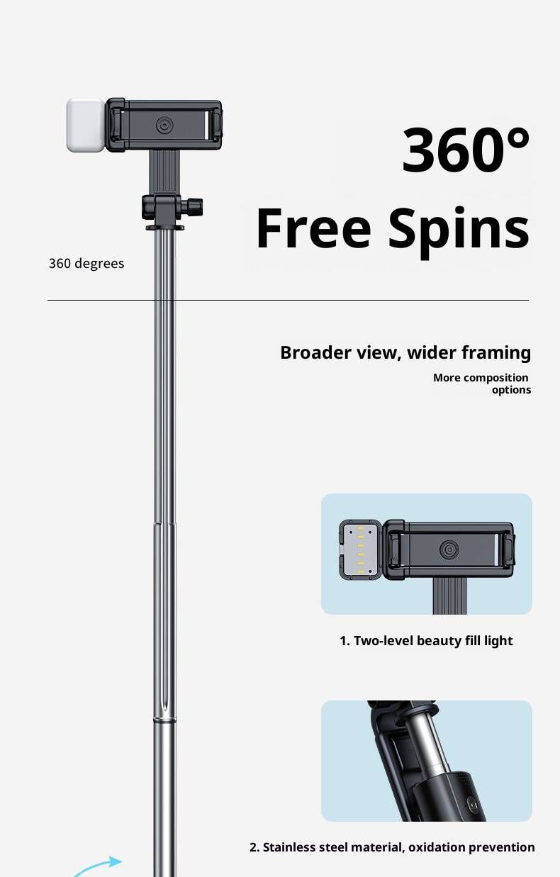 Selfie stick rotante a 360° con telecomando Bluetooth - Treppiede estensibile da 1,7 m e supporto per vlogging per streaming live_voghion.com