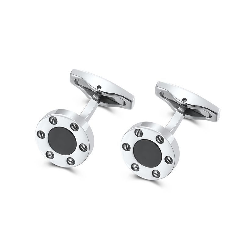 Elegant Onyx Inlaid Titanium Steel Screw Cufflinks For Dress Shirts Geometric Design, High Polish Finish, For Business, Wedding & Formal Occasions_voghion.com