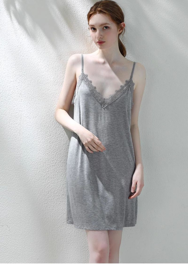 Plus-Size Elegance: Sleeveless V-neck Suspender Pajama Skirt, Pure Lace Splicing, Summer Thin Style For Curvy Women Up To 150kg_voghion.com