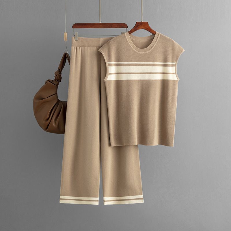 Abito casual da donna, top senza maniche a righe larghe a contrasto + pantaloni a gamba larga a vita alta, abito a due pezzi_voghion.com