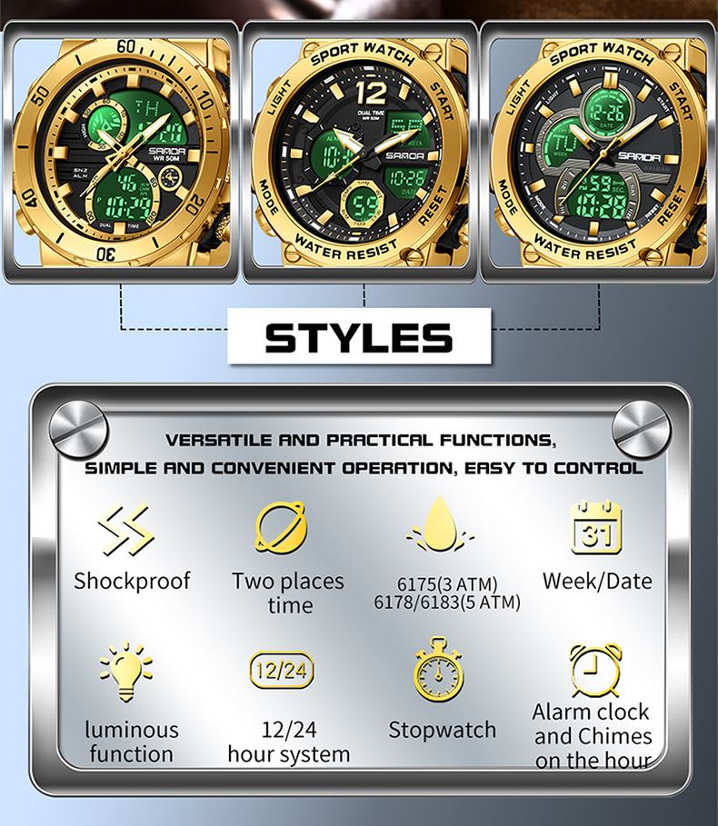 Montre homme en acier inoxydable à double affichage, multifonctionnelle : étanche, rétroéclairage LED, chronomètre, alarme, heure universelle, bracelet en acier inoxydable._voghion.com
