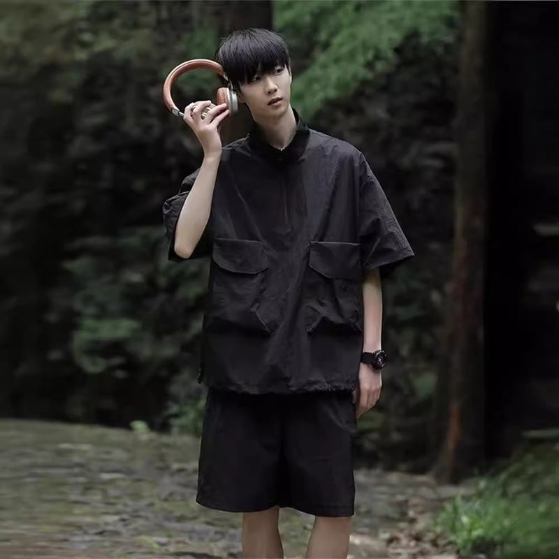 CT Cool Stylish Workwear Large Pocket And Shorts Set For Men Summer New Half-Zip Shirt Five-Point Wide-Leg Pants_voghion.com