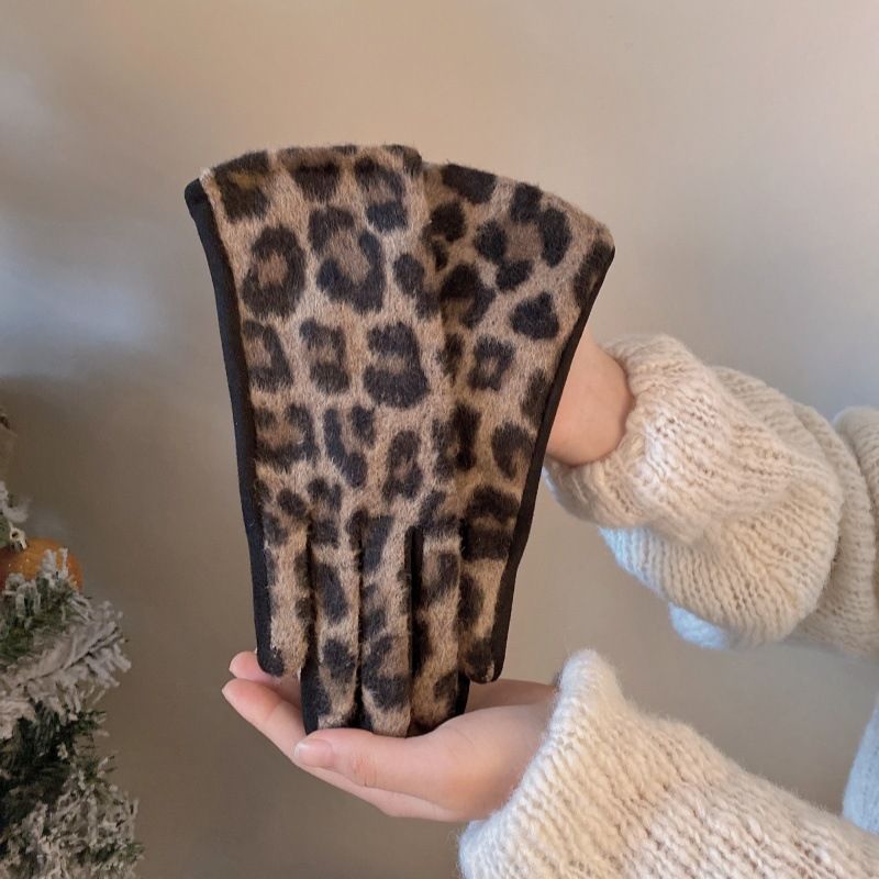 Leopard Print Cashmere Touchscreen For Women, Warmth, Cold Protection, Winter Riding Electric Bikes, Driving,_voghion.com
